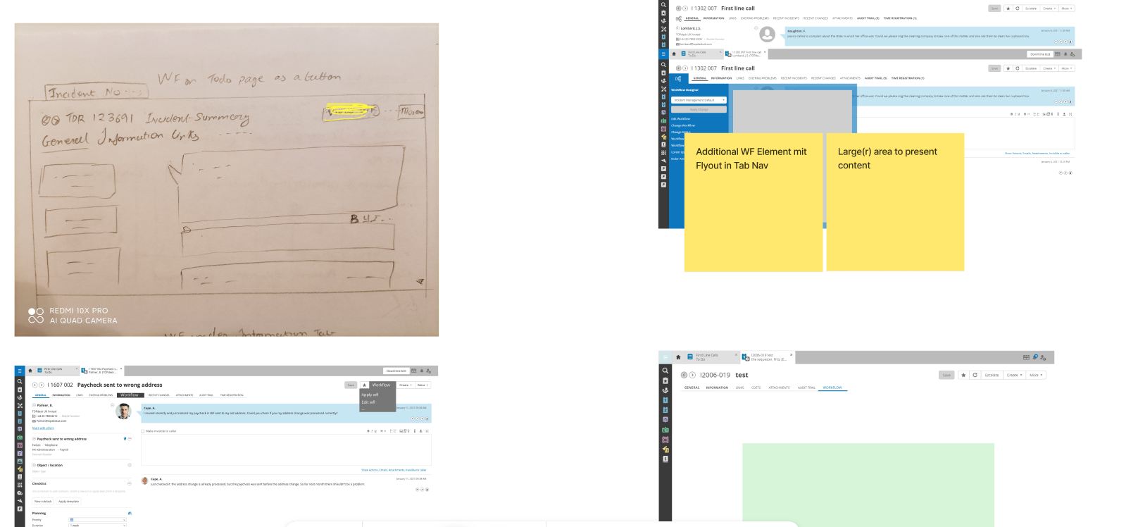 Various wireframes and low fidelidy designs of how a workflow can be integrated into a request