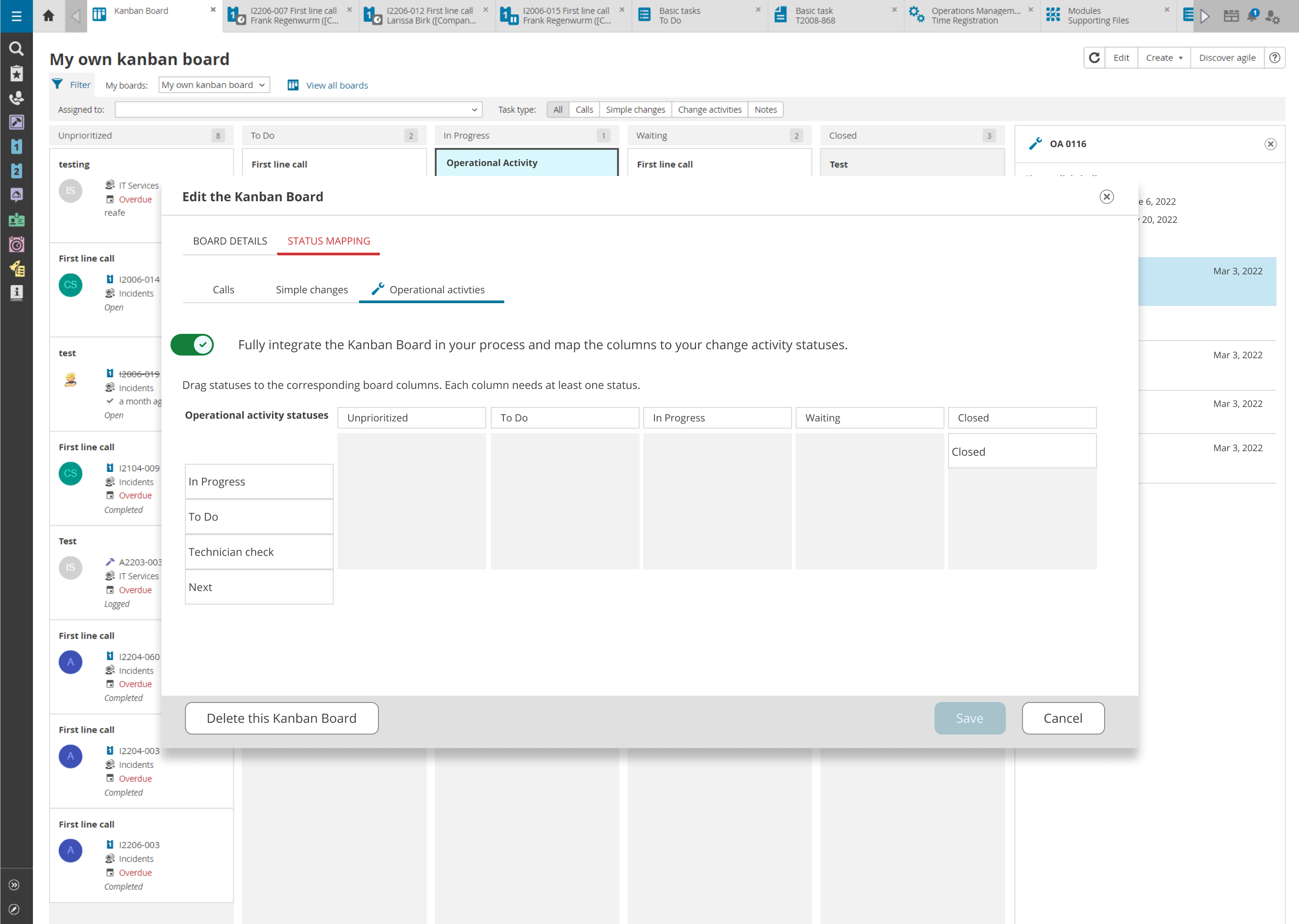 An Early design on the mapping of an operational activity on the kanban board